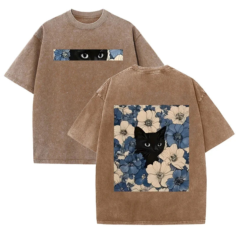 Vintage Washed Black Cat Floral T Shirt Unisex