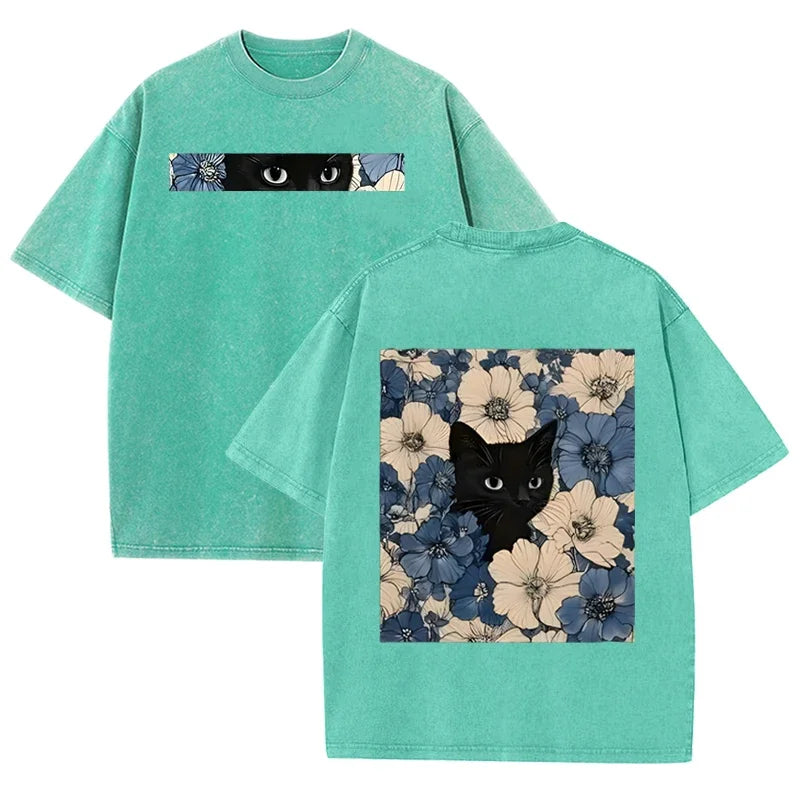 Vintage Washed Black Cat Floral T Shirt Unisex