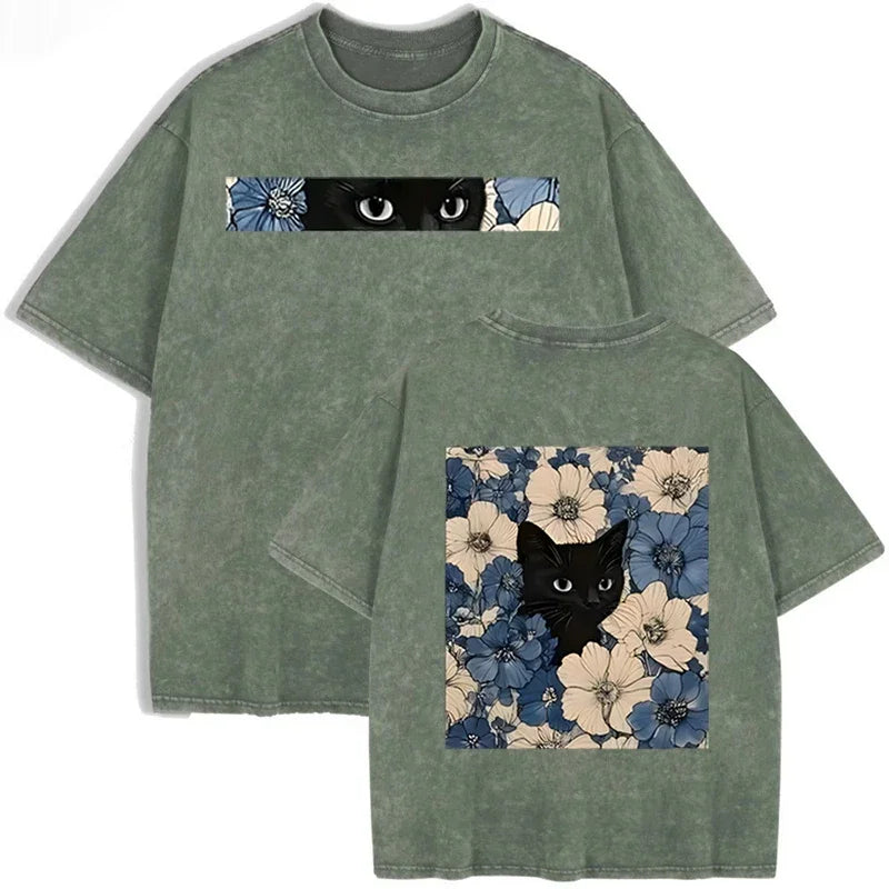 Vintage Washed Black Cat Floral T Shirt Unisex