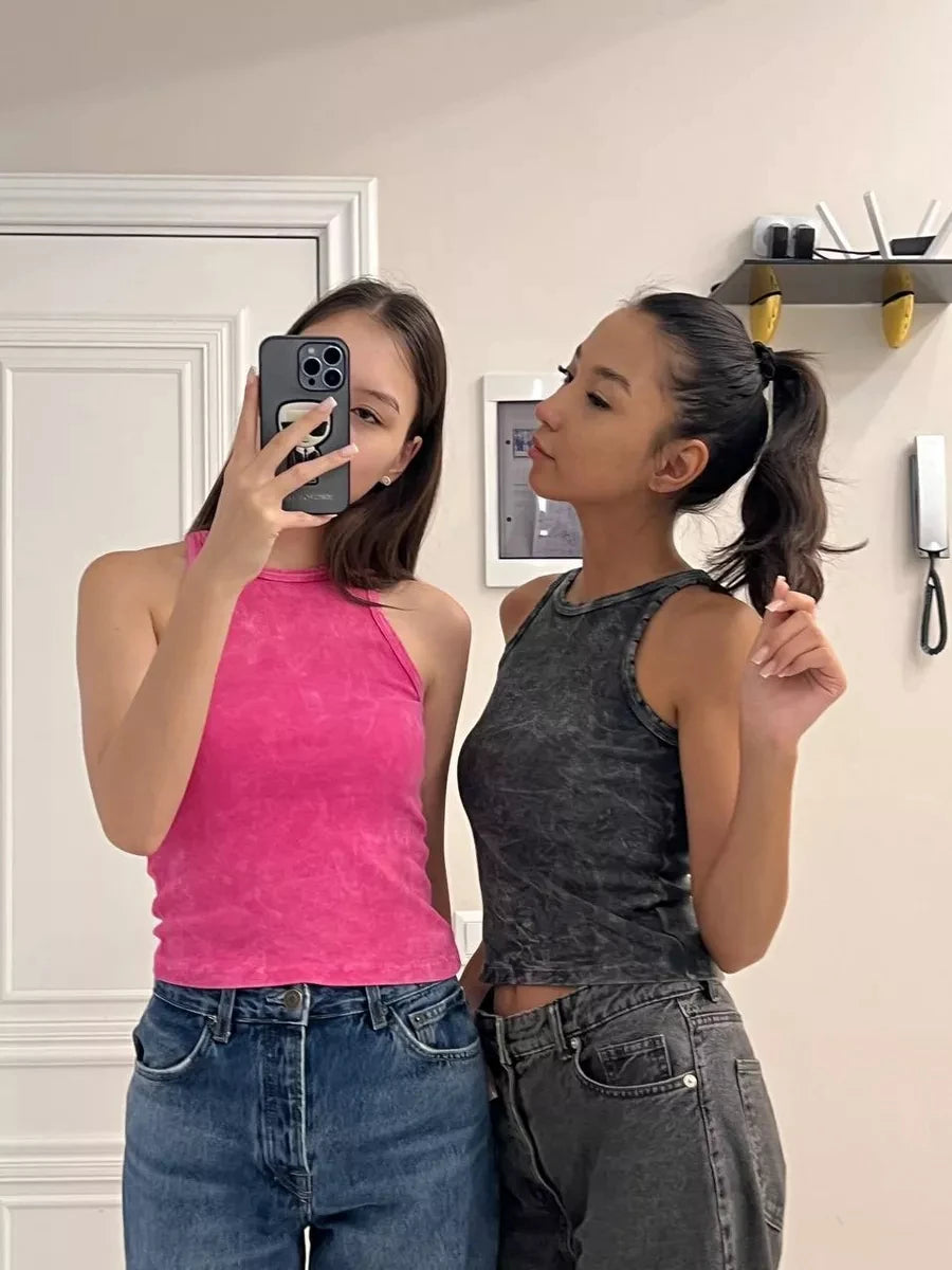 Women Solid Washed Tank Tops Sleeveless Tight Fashion Casual