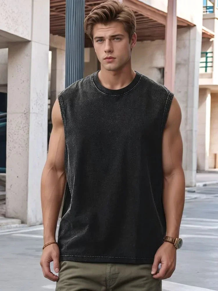 Men's Vintage Tank Top Vintage Loose Shoulder Streetwear Beach Vest Tee