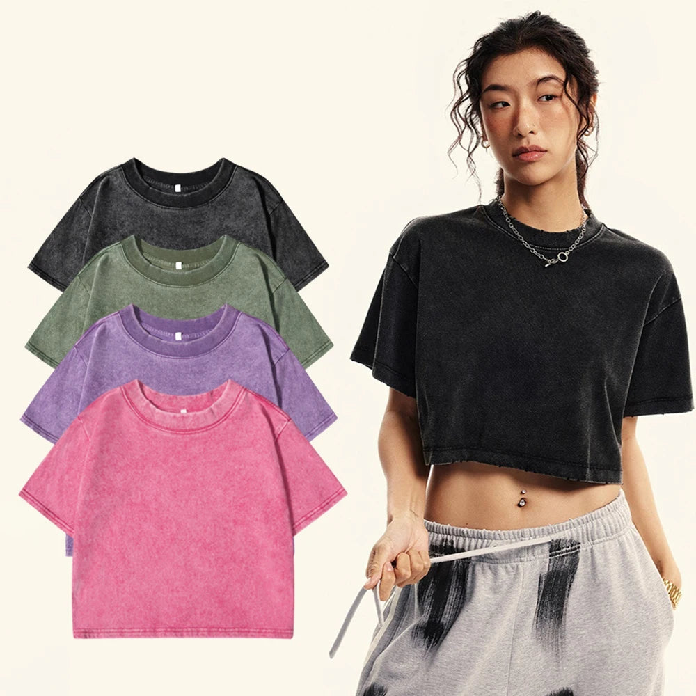 Washed T-Shirts For Women Loose O-Neck Crop Tops Casual Vintage Short Sleeve Tees