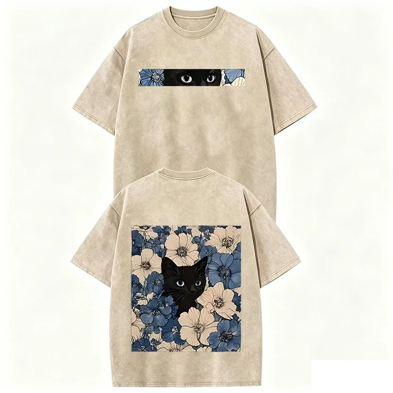 Vintage Washed Black Cat Floral T Shirt Unisex