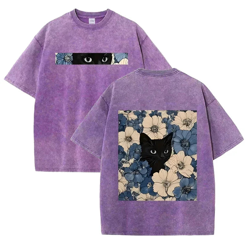 Vintage Washed Black Cat Floral T Shirt Unisex