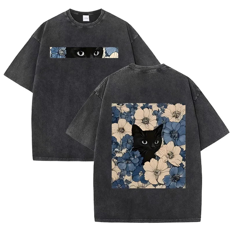 Vintage Washed Black Cat Floral T Shirt Unisex