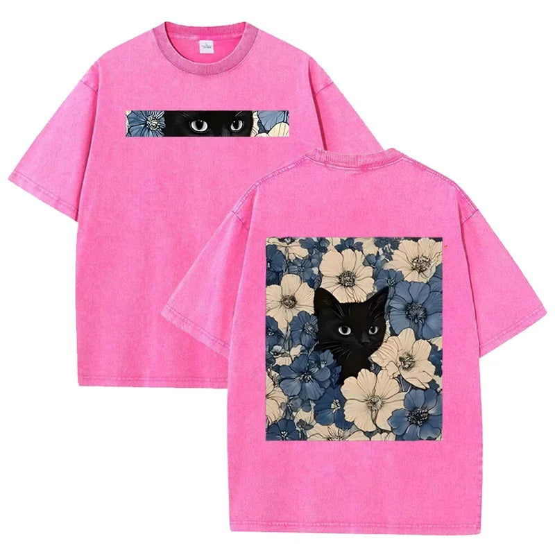 Vintage Washed Black Cat Floral T Shirt Unisex