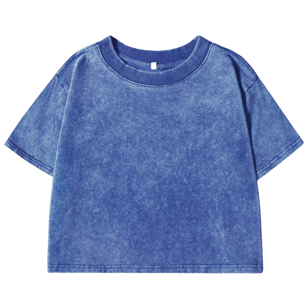 Washed T-Shirts For Women Loose O-Neck Crop Tops Casual Vintage Short Sleeve Tees