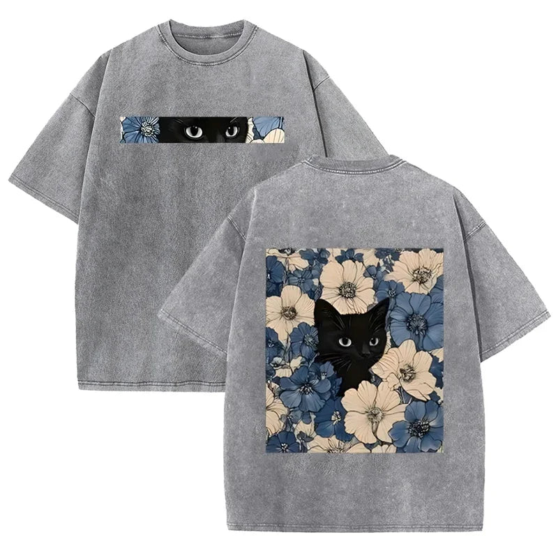Vintage Washed Black Cat Floral T Shirt Unisex